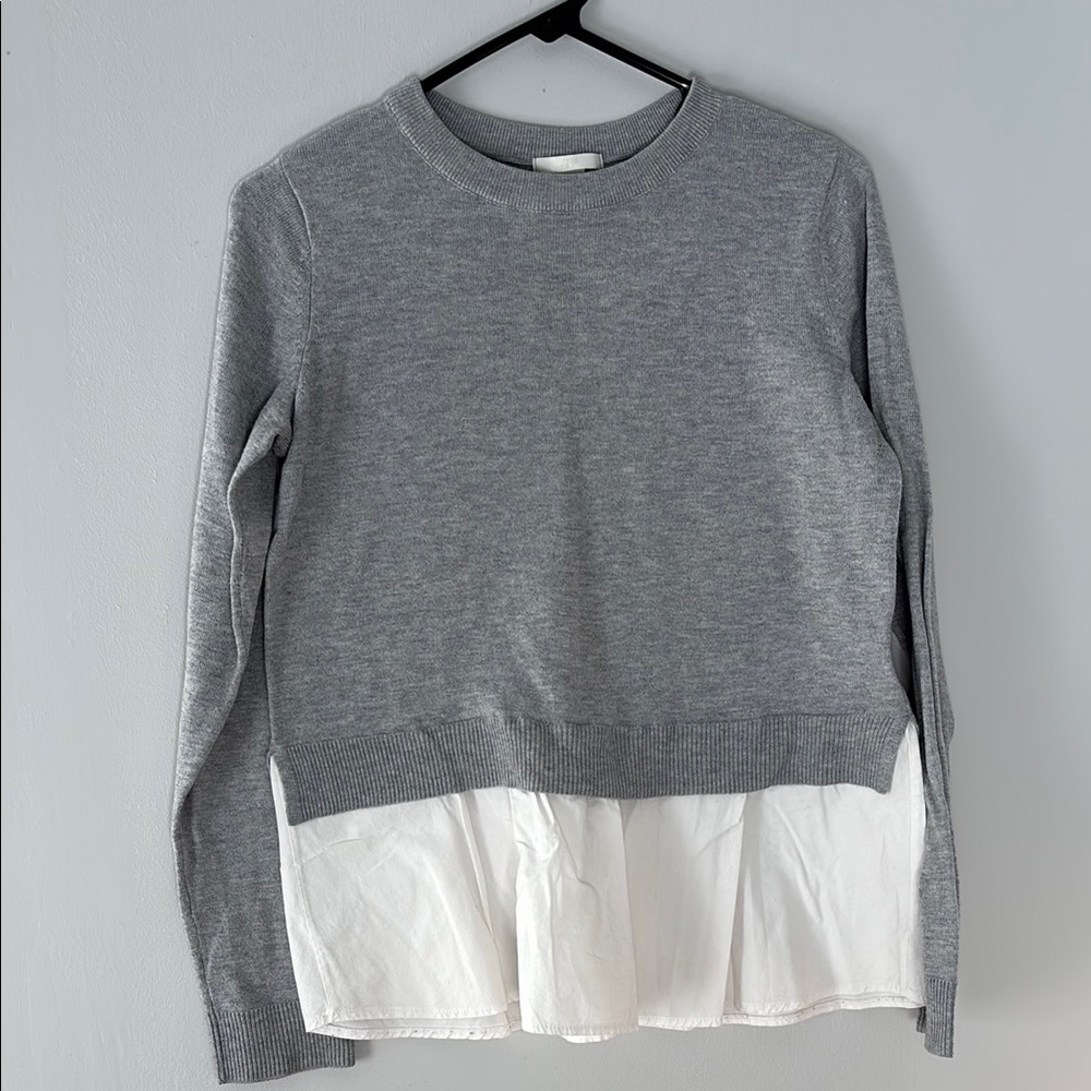 Gray Sweater with White Layered Hem